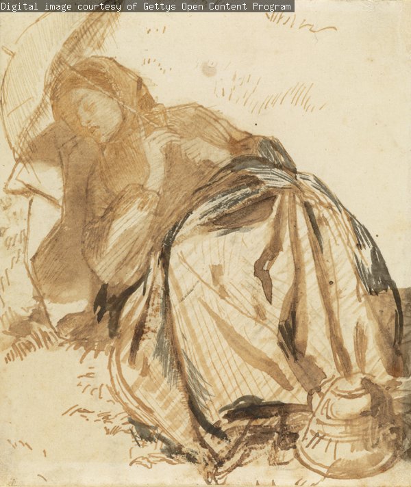 A drawing of a woman wearing a long dress, reclining outside on grass. She holds a parasol to shield her face and her bonnet rests at her feet.