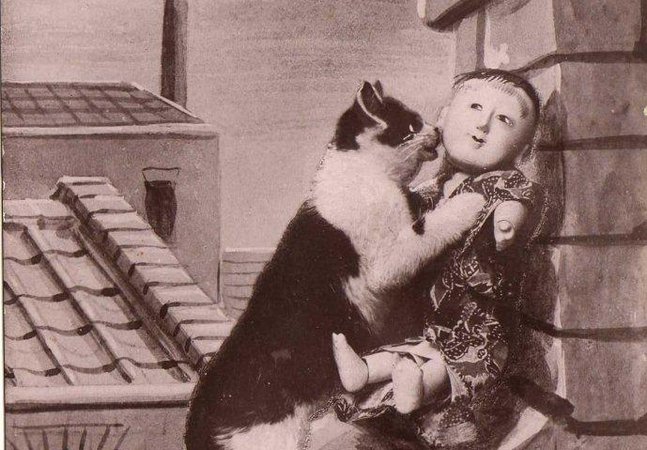 Cat and doll postcard