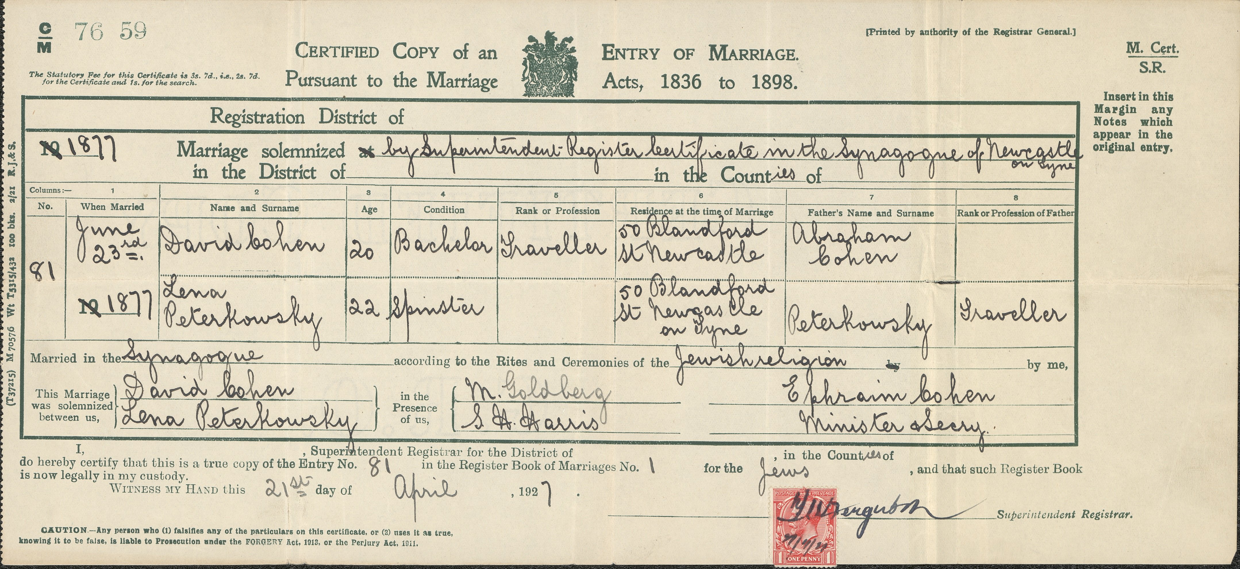 Marriage certificate – marriage between David Cohen and Lena Peterowsky in 1877.