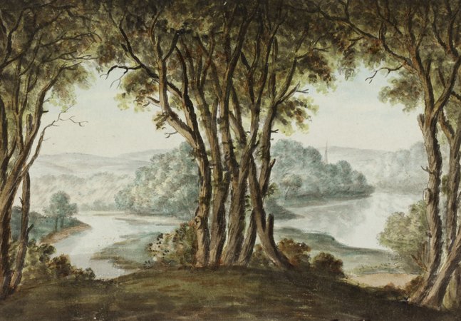 Landscape painting showing wooded scene