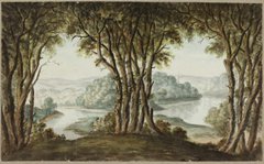 A drawing of a river seen through two frames made of trees.