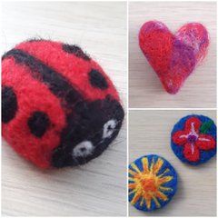 3 images of needle felting - ladybird, heart, and two brooches.