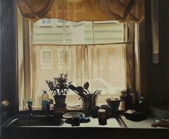 Painting of a kitchen window, with sink taps and a sheer curtain covering the window