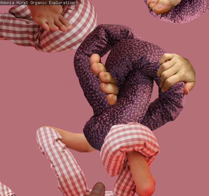 Abstract artwork with a pink background, including fingers, feet and a fabric object