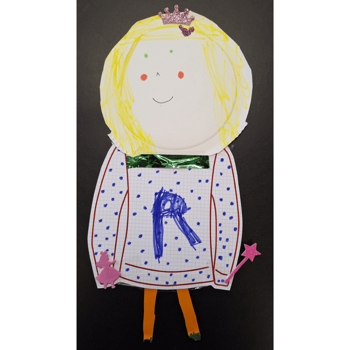 A photograph of a self portrait made by a young visitor. The subject has blonde hair and wears a tiara.