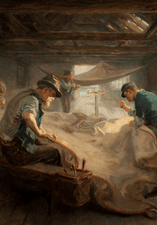 An oil painting of four men mending sails. 