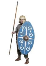 Man dressed as a Roman soldier with helmet, long spear and blue oval shield