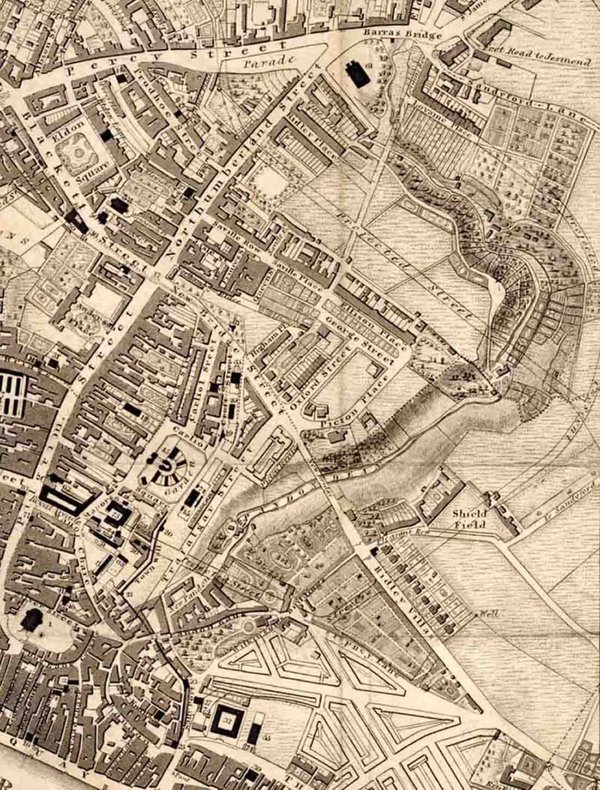 Detail of Thomas Oliver’s map of 1833, showing Pandon Dean from Barras Bridge to Pandon Gate in the town wall near the Tyne
