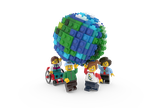 a blue and green lego sphere represents the earth, with 4 minifigure people holding it up. 