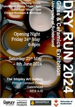 The exhibition poster with bits of fused glass in the backdrop