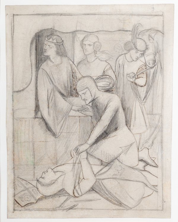 A pencil drawing of a man killed in a tourney. His opponent stands above him holding the hand of a crowned woman who has turned her head away.
