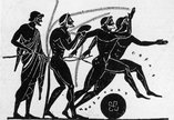 Black and white print of ancient Greek Olympic athletes running