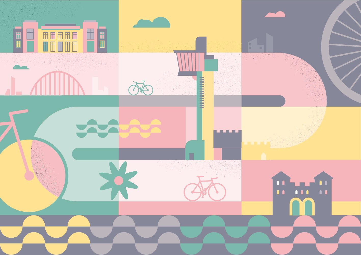 Illustration in muted green, yellow and pink showing a stylised cycle route past museum landmarks.