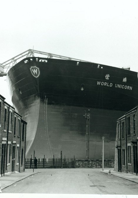 View of World Unicorn ready for launch by Swan Hunter, 1973