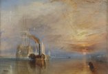 A painting by William Turner which shows the final journey of the ship as it is towed along the river Thames by a modern paddle-wheel steam tug in 1838, towards its final berth in Rotherhithe to be broken up for scrap.