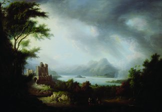 A landscape painting featuring a castle on the left and small figures in the foreground. 