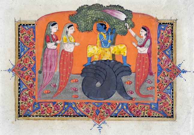 Sri Krishna with a flute seated on Kaliya and attended by three Naginis by unknown (1840 (c))  
