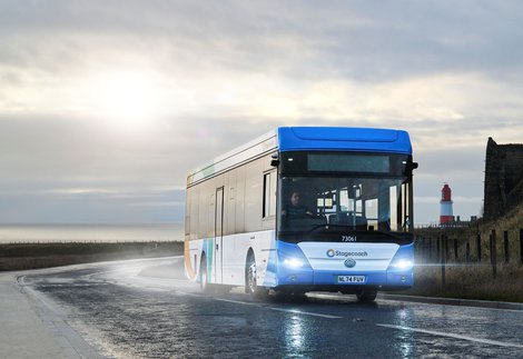 Stagecoach electric vehicle passing Souter Lighthouse, heading towards South Shields
