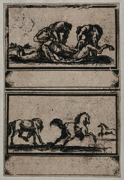 Top, two men inspecting a dead horse; Bottom, three horses running. Etching. 