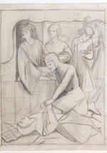 A sketch of a tournament where one person is dead on the floor with another kneeling above. There are other figures in the background.