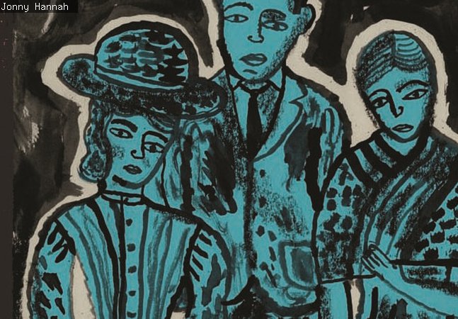 A painting of people against a blue background 