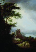A landscape painting featuring a castle on the left and small figures in the foreground. 