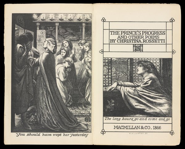 A title page spread showing illustrations of people in medieval clothing, to the left a group of women are praying, to the right a woman looks out of a window.