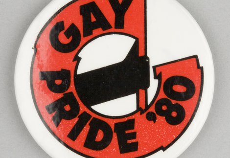 button badge, white with red Gay Pride 08 on