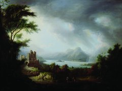 A landscape painting featuring a castle on the left and small figures in the foreground. 