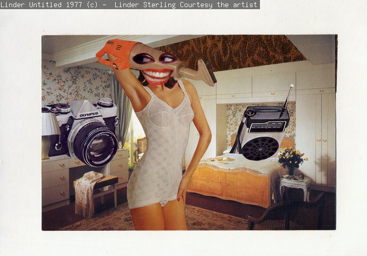 Linder Untitled, 1977,  Photomontage framed size 30 x 38 cm image size 13.6 x 21 cm, 5 3/8 x 8 1/4 ins  © Linder Sterling. 