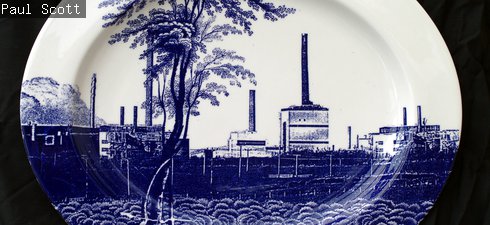Cumbrian Blue(s), Sellafield No:9, 5/5. Transfer print collage on bone china platter with platinum, 410mm x 345mm x 24mm. Paul Scott 2005.