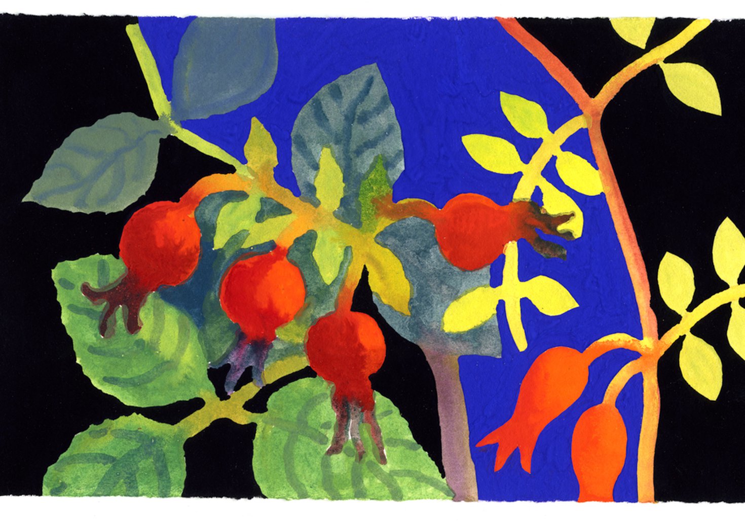 A painting of red flowers with leaves in shades of green and yellow on a black and blue background.