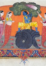 Sri Krishna with a flute seated on Kaliya and attended by three Naginis by unknown (1840 (c))  