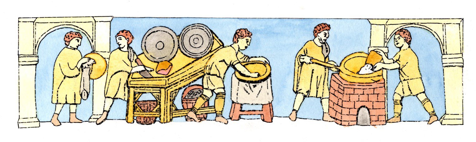 A painted reconstruction of a Roman tombstone from Germany, showing slaves at work in the kitchen.