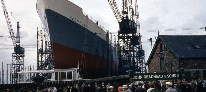Launch of the Turkistan ship at Readheads, South Shields, 1962.