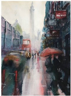 Watercolour scene of people in a street, rainy day in Newcastle.