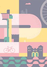 Illustration in muted green, yellow and pink showing a stylised cycle route past museum landmarks