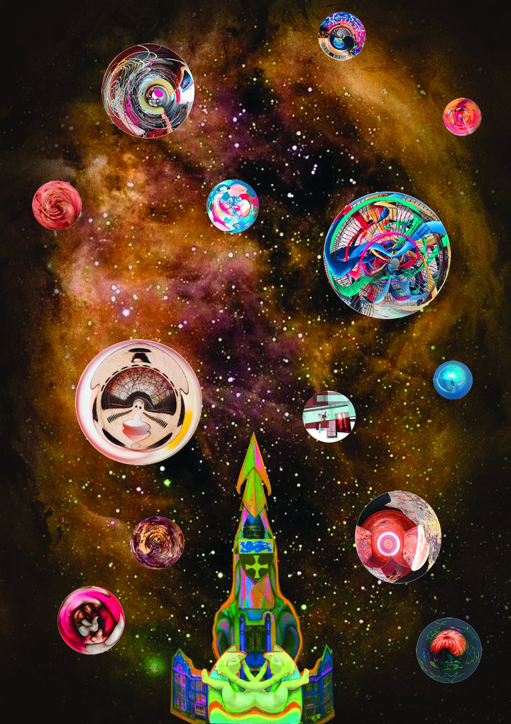 A dark, starry sky with various contemporary art motifs