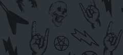 A graphic design showing heavy metal illustrations including guitars, skulls, pentagrams, lightning bolts etc.
