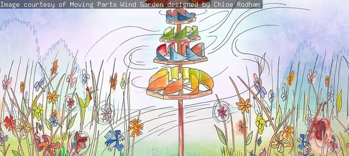 Illustration of a wind garden - a wind spinner in a garden setting.