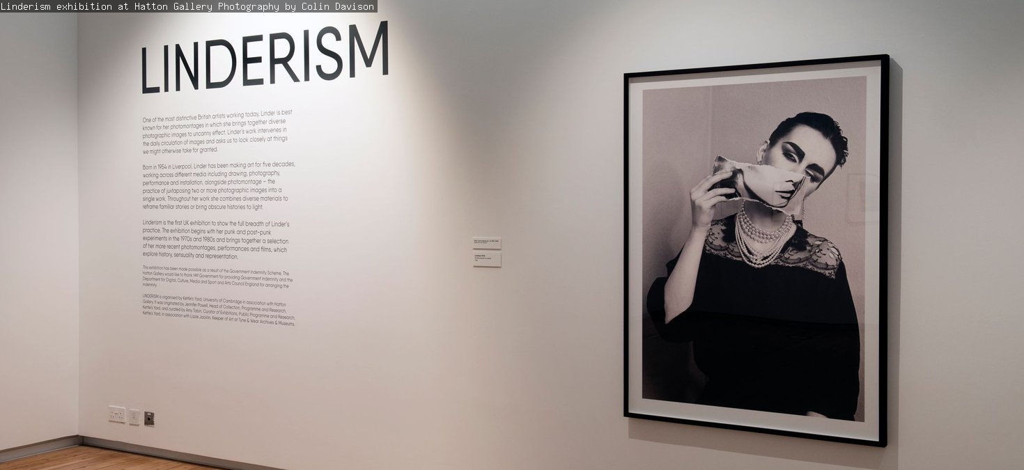 Photo of Linderism exhibition featuring a black and white photomontage and the exhibition intriduction