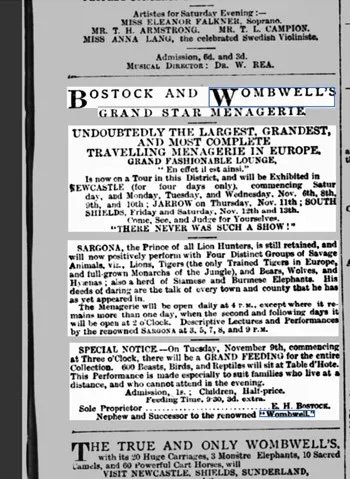 Newspaper clipping from Saturday 8th November 1886 in The Evening Chronicle detailing the 4 day-long event being held in Newcastle ( © The British Newspaper Archive)