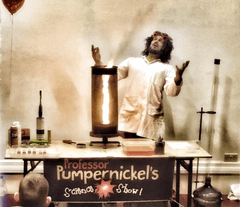 A faux old picture of a 'zany' scientist with an audience