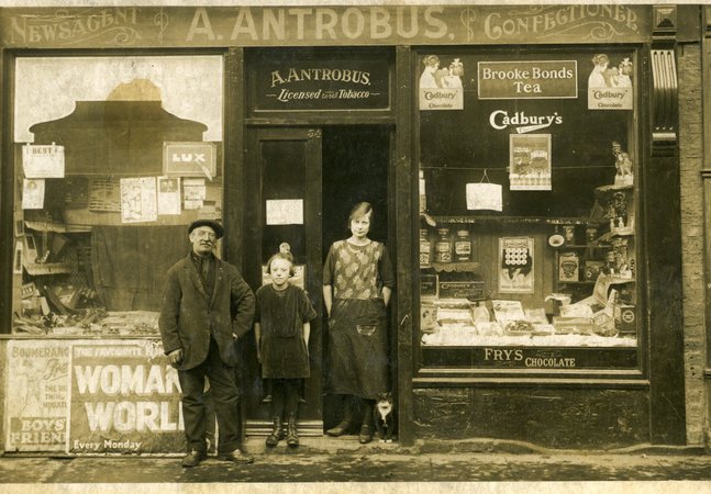 A sepia photograph of a shopfront at 34 Monkton Road, Jarrow