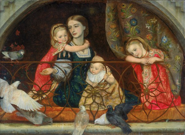 An oil painting of a mother and three children dressed in expensive fabrics. They are feeding pigeons from a balcony An oil painting of a mother and three children dressed in expensive fabrics. They are feeding pigeons from a balcony