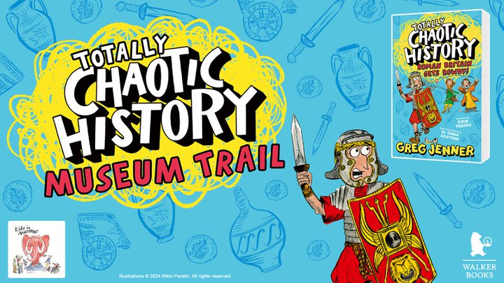 A graphic image includes an illustration of a Roman soldier, a kids in museums logo, a book and the words ' Totally Chaotic History Museum Trail'.