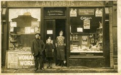 A sepia photograph of a shopfront at 34 Monkton Road, Jarrow