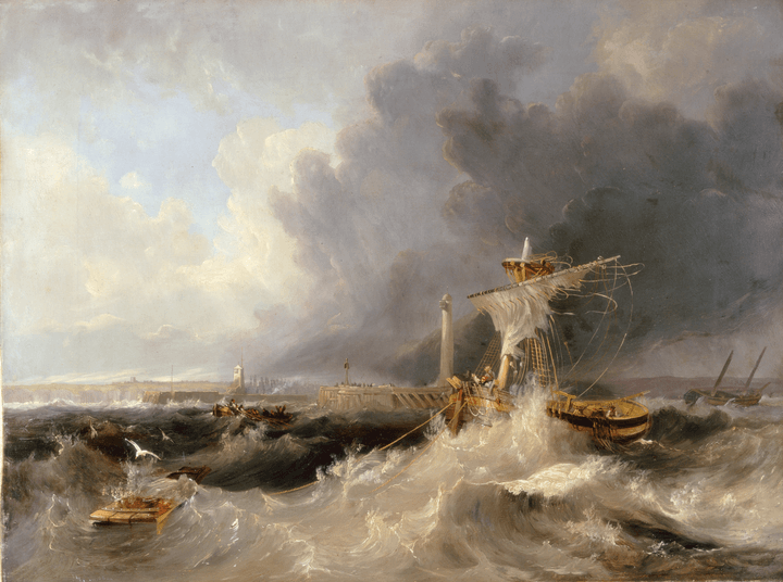 An oil painting of a large ship and smaller ships on the turbulent sea. A pier and a lighthouse are in the background.