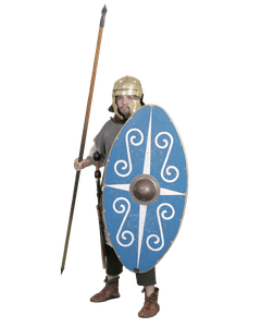 Man dressed as a Roman soldier with helmet, long spear and blue oval shield