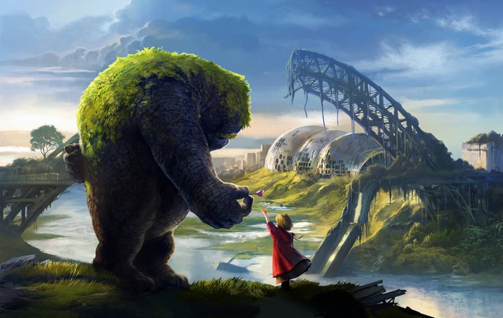 A fantasy scene from The Realm, featuring the character Toro, a golem, and Sarina, a young girl
